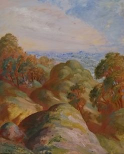 Et knoldet landskab med en jæger. Actæon og hans hunde